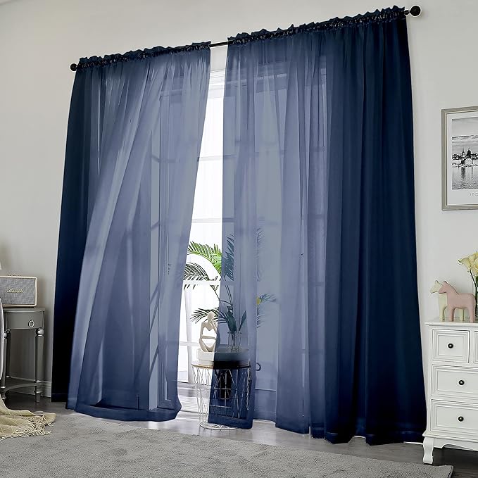 Chyhomenyc Navy Blue Sheer Curtains 84 Inches Long 2 Panels Set - Light Filtering Curtains for Living Room, Soft Breathable Voile Rod Pocket Bedroom Window Drapes, 42Wx84L Inch, 2PCS
