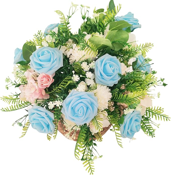 Artificial Rose Flowers 25pcs, Light Blue Foam Fake Rose Faux Flower for Wedding Bouquets Bridal Shower Centerpieces Floral Arrangements Home Decorations Party Backdrops Table
