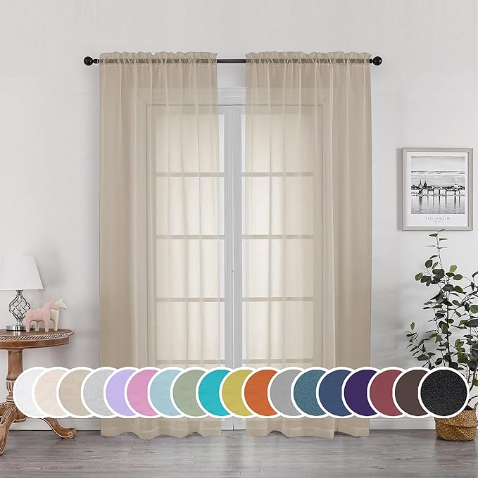 OWENIE Sheer Curtains 72 Inches Long for Bedroom Living Room, Rod Pocket Fimly Solid French Door Curtains Set of 2, Elegant Taupe Voile Curtains Panels Window Treatments, 42" Width