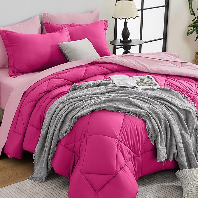 HEVUMYI Hot Pink & Baby Pink Cali-King Comforter Set - 7-Piece All Season Bed in a Bag Cali-King, Ultra Soft Bedding Set with Comforter, Flat Sheet, Fitted Sheet, Pillowcases, Pillow Shams