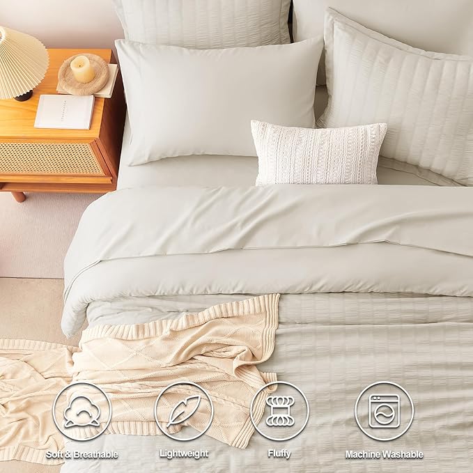 CozyLux King Size Comforter Set Oatmeal Seersucker 7 Pieces Bed in a Bag King Comforter Set with Sheets, Luxury Bedding Set with Down Alternative Comforter, Sheets, Pillowcases & Shams All Seasons