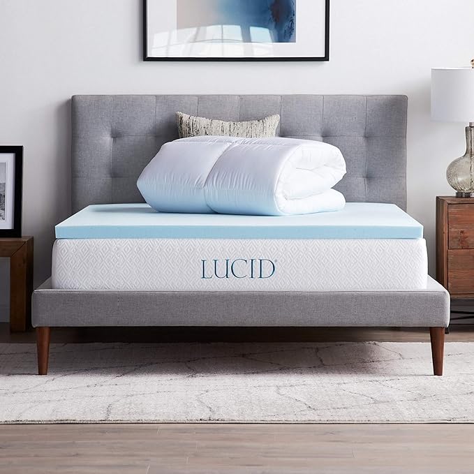 LUCID 4" Down Alternative & Gel Memory Foam Mattress Topper, Twin XL – Three Toppers in One – Fitted Sheet Style, 100% Cotton