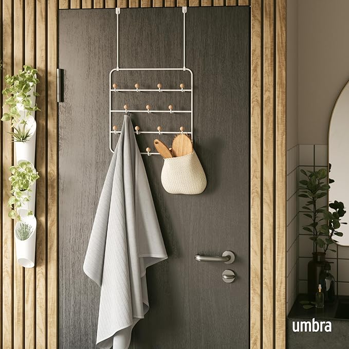 Umbra Estique Over The Door Coat Rack & Multi-Use Organizer, For Coats, Bags, Hats & More, White/Natural