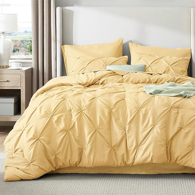 Bedsure California King Comforter Set Yellow - Bed in a Bag Cal King Bedding Set 7 Pieces, GentleSoft™ Pintuck Bed Set Gift for Family, Pinch Pleat Yellow Comforter with Sheets, Pillowcases & Shams