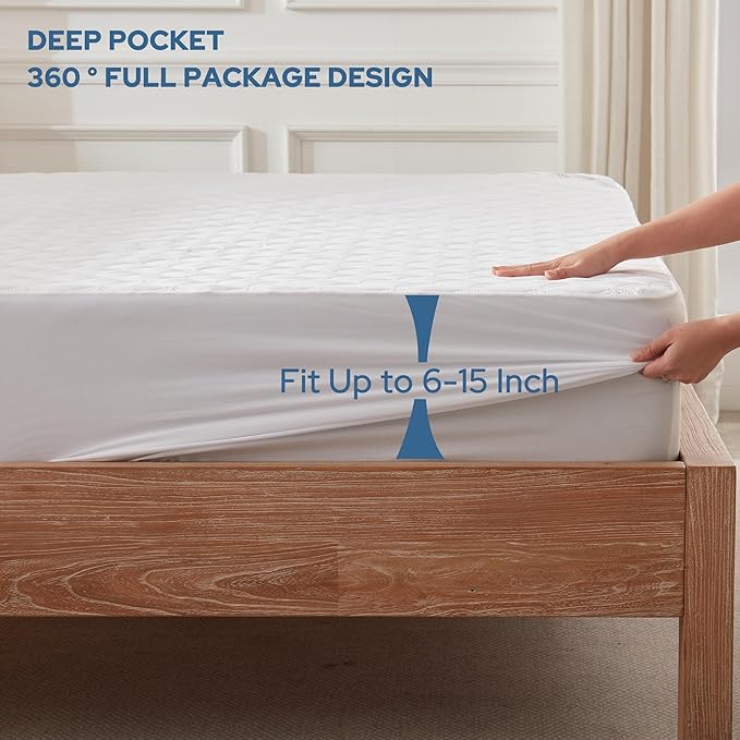 BEDLORE Waterproof Mattress Protector, Twin Size Mattress Pad with Deep Pocket Fitted Up to 6-15 inches, Soft Noiseless Single Bed Mattress Cover for Bedroom, Dorm Room (White)