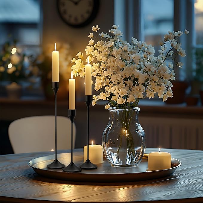 Brass Black Metal Taper Candle Holder, Vintage Candlestick Holders, Candle Sticks Holder Decor for Wedding Wedding, Dinning, Party, Fits 3/4 inch Thick Candle&Led Candles (Set of 3 Pcs)