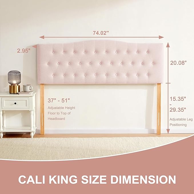 Tufted Upholstered Headboard California King Size, Sturdy and Durable Solid Wood Bed headboard, Fabric Headboard Adjustable Height from 37” to 51”, Button Diamond Design Head Board, Pink