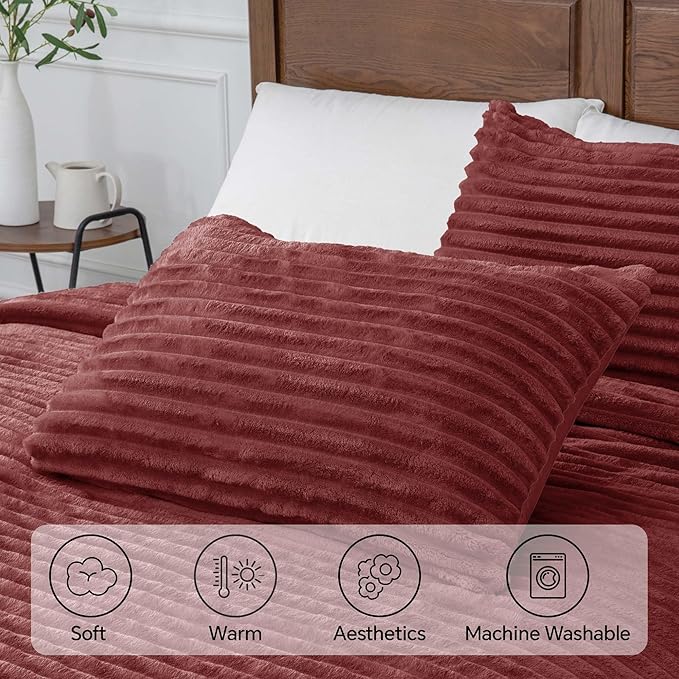 BEDELITE Fleece King Comforter Set -Super Soft & Warm Fluffy Burgundy Bedding, Luxury Fuzzy Heavy Bed Set for Winter with 2 Pillow Cases