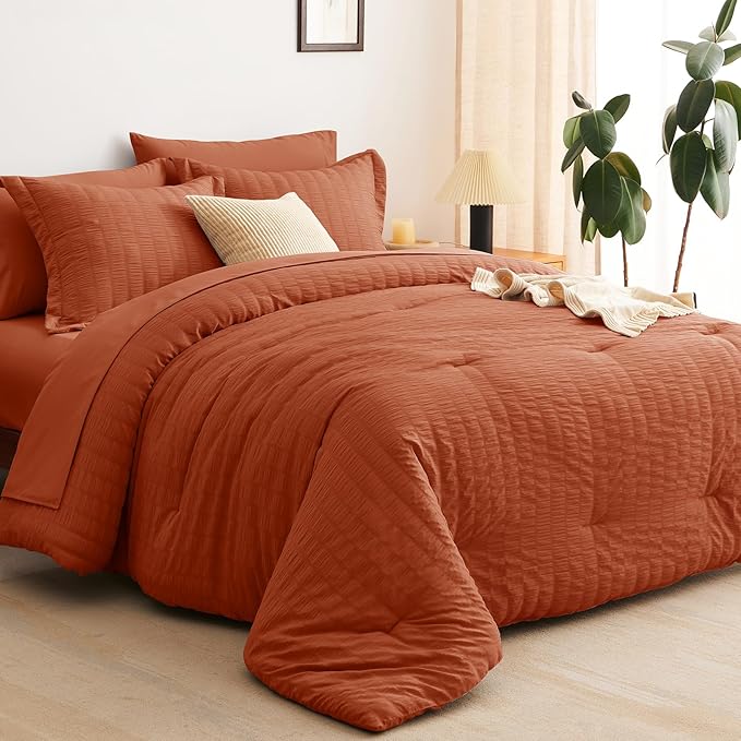 CozyLux Full Size Comforter Sets with Sheets Seersucker 7 Pieces Burnt Orange Bed in a Bag Luxury Terracotta Bedding Set with Down Alternative Comforter, Sheets, Pillowcases & Shams for All Seasons