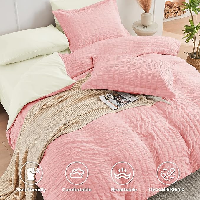 HYMOKEGE Pink/Ivory California King Comforter Set Seersucker 7 Pieces, All Season Luxury Bed in a Bag for Bedroom, Bedding Set with Comforter, Sheets, Pillowcases & Shams