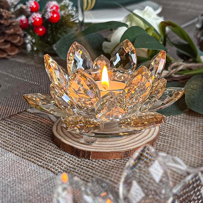Crystal Lotus Flower Tealight Candle Holders/Glass Tea Light Candlestick Decor Decoration for Christmas Home Wedding Party… (1, Gold 2pcs)