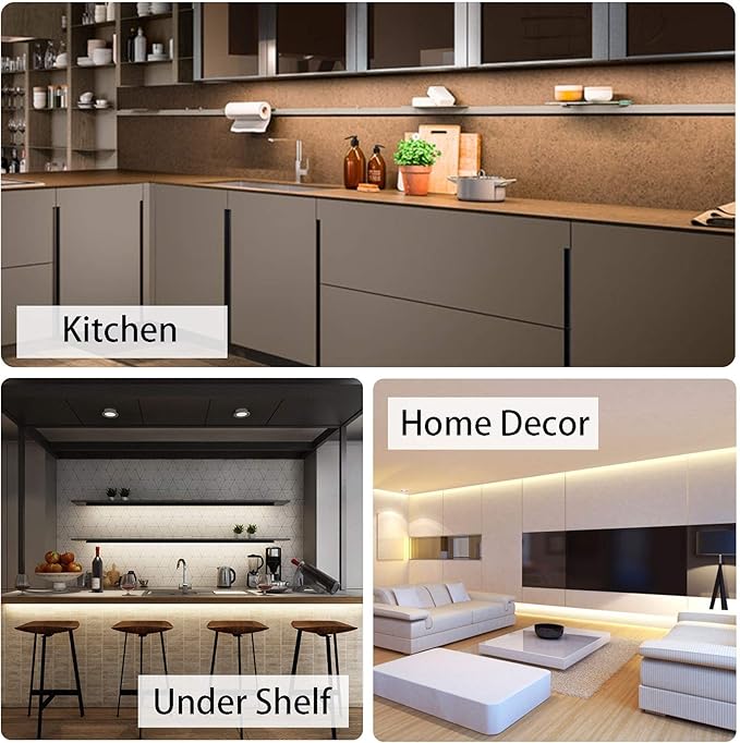 MYPLUS Under Cabinet Lighting Kit, 32.8 Ft Dimmable Led Strip Lights with 600 LEDs,12V, Low Power Safety Adapter, Flexible Tape Light for Kitchen Cabinet,Bedroom,Counter,Shelf (Warm White-3000k)