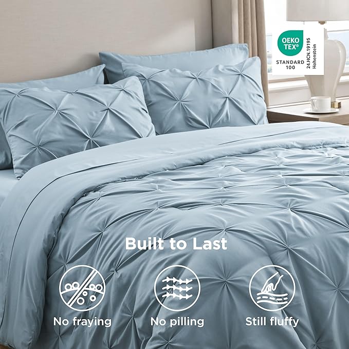 Bedsure California King Comforter Set - Bed in a Bag Cal King Bedding Set 7 PCS, GentleSoft™ Pintuck Bed Set Gift for Family, Pinch Pleat Light Blue Comforter with Sheets, Pillowcases & Shams