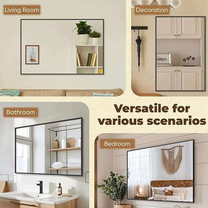 Antok Bathroom Mirror,48"x32" Wall Mirror, Decorative Mirrors Vanity Mirror Aluminum Alloy Frame Contemporary Hanging Mirror for Living Room Bathroom Entryway,Black,Rect Corner