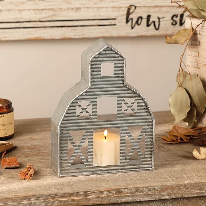 Barn Shaped Tea Light Holder Farmhouse Galvanized Metal Candle Holder Vintage Barn Decor for Table Centerpiece - 6.3" x 1.97" x 8.46"