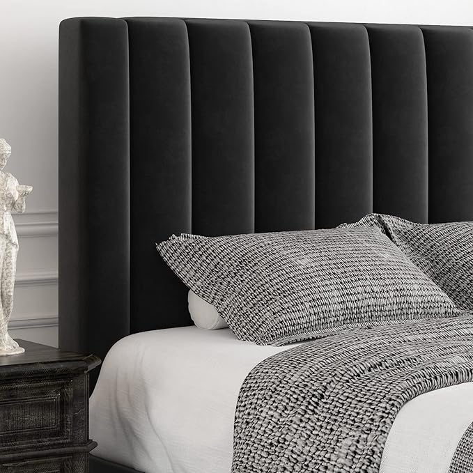 Allewie Full Bed Frame/Velvet Upholstered Bed Frame with Vertical Channel Tufted Headboard/Strong Wooden Slats/Platform Bed Frame/Mattress Foundation/Box Spring Optional/Easy Assembly/Black