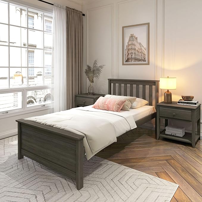 Plank+Beam Solid Wood Twin Bed Frame, Platform Bed with Headboard, Clay