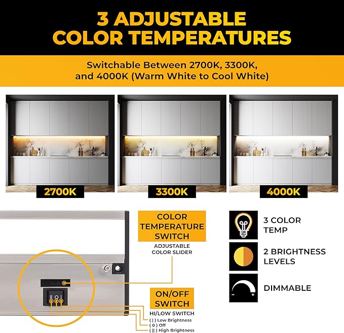 LED Under Cabinet Lighting Hardwired - 3CCT 24 Inch Satin Finish - Undercabinet Lights for Kitchen - Linkable Undercounter Dimmable Plug in Light or Hard Wired - Under Counter Fixture Direct Wire
