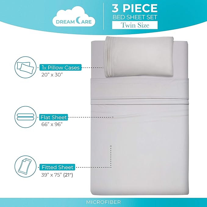 DREAMCARE Twin Sheets - 3pcs Cooling Sheets – up to 21” Extra Deep Pocket Twin Bed Sheets - Twin Sheet Set - Bed Sheets Twin with Side Pocket - L Gray