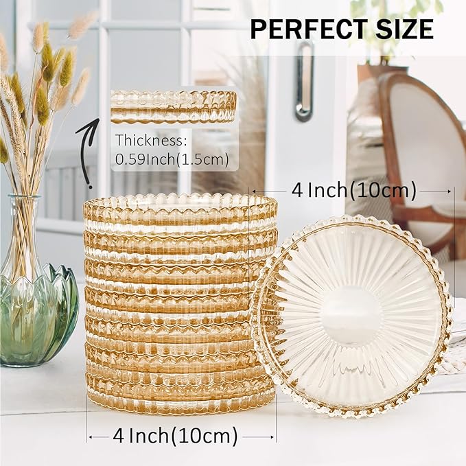 Glass Candle Holders, GOH DODD Set of 8 Crystal Pillar Plates Modern Coasters for Drinks, Centerpiece, Home Decor, Kitchen, Living Room, Patio, Wedding, Halloween, Christmas, Party, Amber