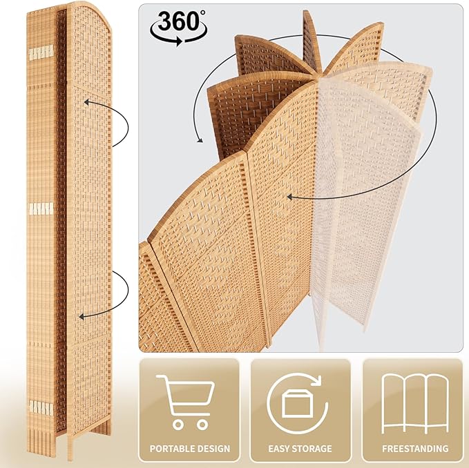 Rose Home Fashion 6 ft Tall Room Divider, Room Dividers and Folding Privacy Screens, 15.7in Privacy Screen 8 Panel Partition Temporary Wall Separation for Private, Light Beige