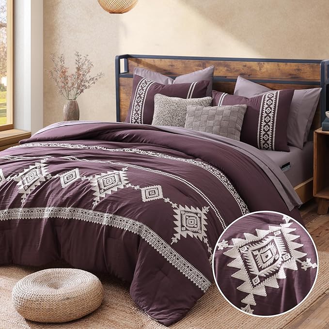 MaiRêve Embroidery Queen Size Comforter Set Purple, Boho Farmhouse Western Bedding Set 7 Pieces, All Season Bed in A Bag Comforter Set with Sheets, Pillowcases & Shams