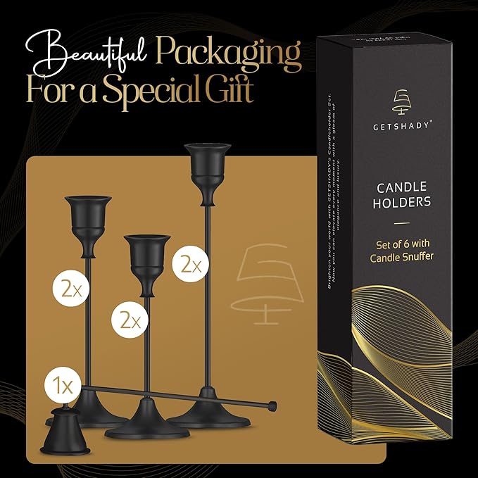 Black Candleholders for Taper Candlesticks Plus Candle Snuffer – Dining Table Décor Centrepiece - Metal Candelabra Candlestick Holder - Black Décor for Home Weddings Celebrations Events (Set of 6 Pcs)