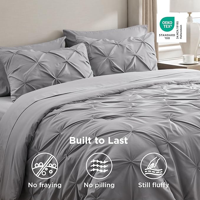 Bedsure Oversized Queen Comforter Set Grey - Bed in a Bag Bedding Set 7 Pieces, GentleSoft™ Pintuck Bed Set Gift for Family, Pinch Pleat All Season Comforter with Sheets, Pillowcases & Shams