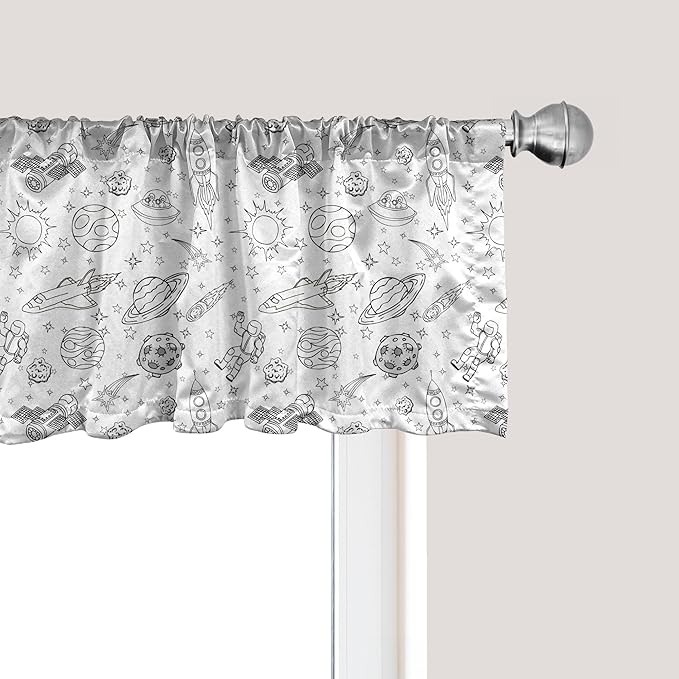 Ambesonne Cartoon Window Valance Pack of 2, Doodle Solar System Astronauts Space Crafts Shooting Stars Science Fiction Theme, Rod Pocket Curtain Valances for Kitchen Bedroom, 54" X 12", White Black