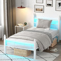 Twin Bed Frame with Headboard and Footboard, Metal Bed Frame with Charging Station and LED Lights, Under Bed Storage, No Box Spring Needed,Noise Free,White