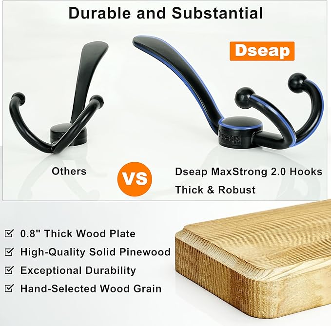 Dseap Coat Rack Wall Mounted - 24" Long 6 Tri Hooks, Heavy Duty Wooden Wall Coat Hanger Coat Hook for Clothes Hat Jacket Clothing, Weathered Brown and Black, Pack of 2