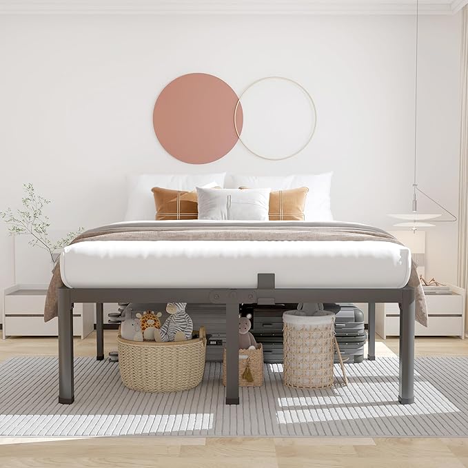 ROIL 14 inch California King Size Bed Frame Metal Platform No Box Spring Needed with Headboard Hole Round Corner Legs Mattress Retainers 3500LBS Heavy Duty Steel Slats Noise-Free Storage