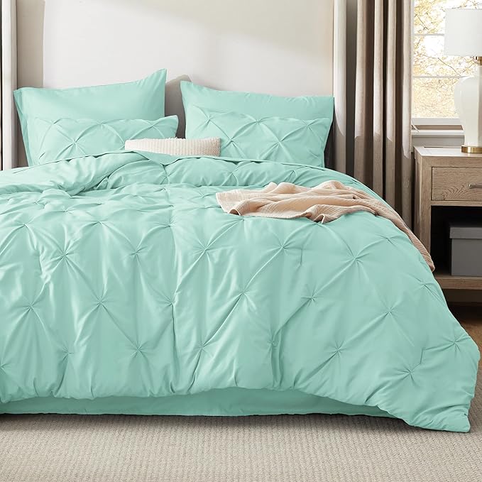Bedsure Queen Comforter Set Mint Green - Bed in a Bag Queen Size Bedding 7 Pieces, GentleSoft™ Pintuck Bed Set Gift for Family, Pinch Pleat All Season Comforter with Sheets, Pillowcases & Shams