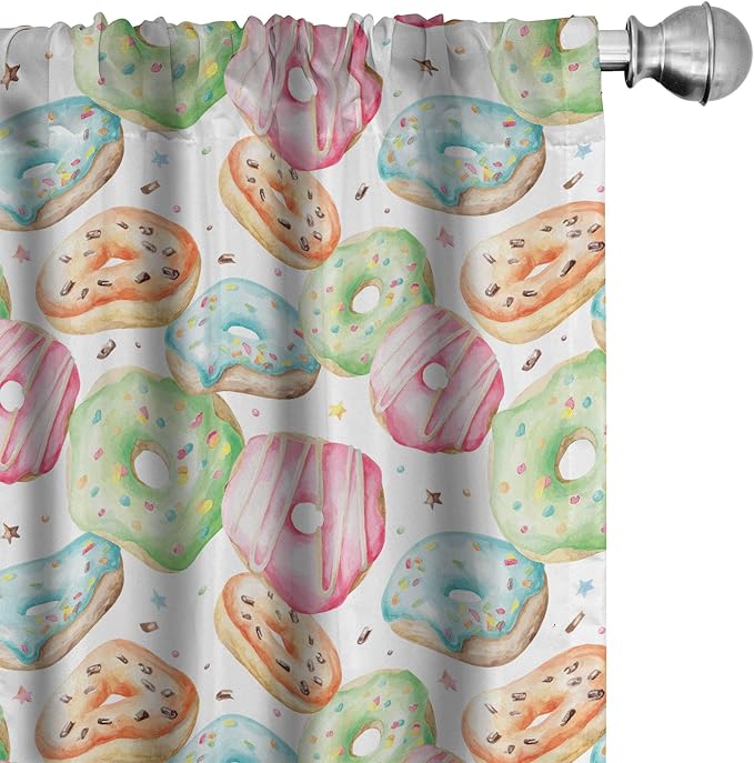 Ambesonne Watercolor Window Curtains, Delicious Donuts Pattern Various Flavors Sprinkles Stars Background, Lightweight Decor 2-Panel Set with Rod Pocket, Pair of - 28" x 63", Pale Fern