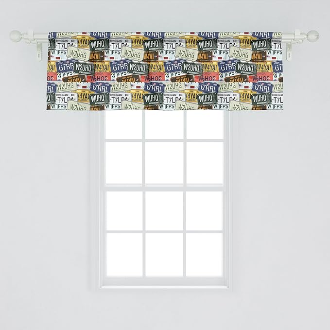 Ambesonne Vintage Window Valance Pack of 2, Original Retro Style License Plates Personalized Creative Travel Vacation, Rod Pocket Curtain Valances for Kitchen Bedroom, 42" X 18", Green Blue Yellow