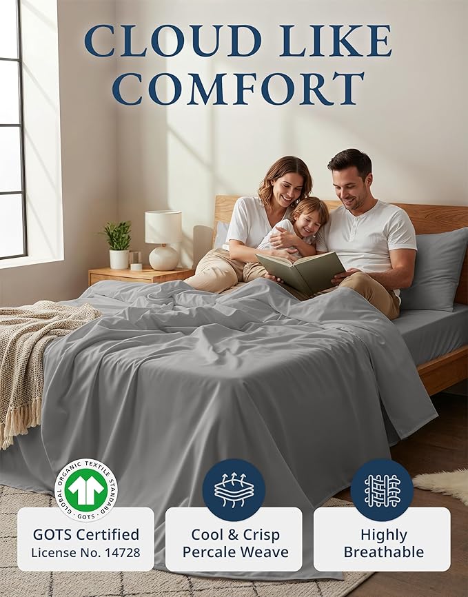 LANE LINEN 100% Organic Cotton Eco Friendly Full Size Sheet & Pillowcase Sets, 15" Deep Pocket Fully Elasticized Soft & Comfy Percale Bedding, Naturally Temperature Regulating Sheets Full- Silver