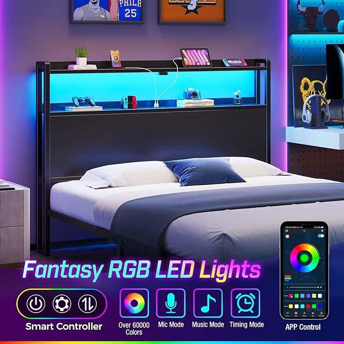 Rolanstar Headboard for Queen Size Bed with Storage, 60,000 DIY Color of LED Light, Head Board with USB & Type C Port, Height Adjustable, Black Cabeceras de Cama Comfortable Modern, Wood