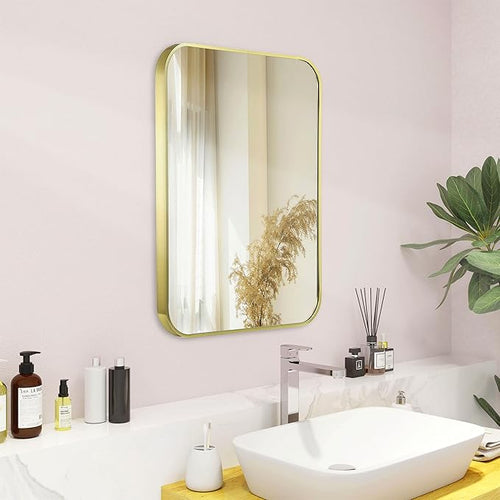 20"x30" Brushed French Gold Mirror for Wall, Gold Rounded Rectangle Mirror with Metal Frame Hanging for Bathroom Entryway Vanity,Living Room,Bedroom,Vertical or Horizontal