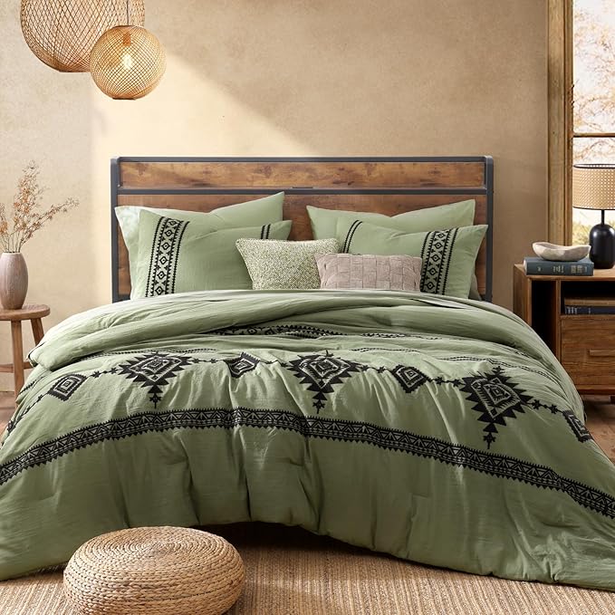 MaiRêve Embroidery Queen Size Comforter Sets, Light Olive Green Western Bedding Set Boho 7 Pieces, All Season Farmhouse Bed in A Bag Comforter Set with Sheets, Pillowcases & Shams
