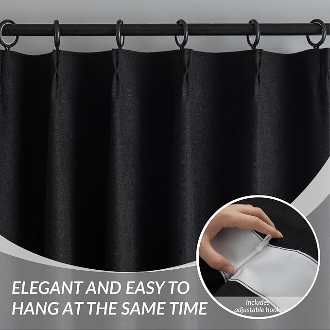 KangBang Black Pinch Pleated Linen Blackout Curtains 108 Inches Long, Pinch Pleat Drapes for Living Room with Hooks, Thermal Insulated Long Window Treatments for Villa, Black,40Wx108L