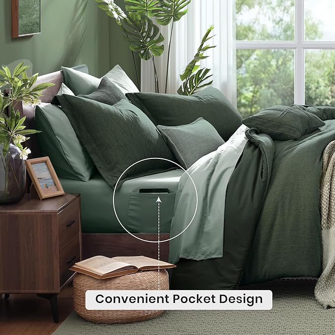 Monbix Oversized Queen Comforter Set - 7 Pieces Cationic Dyeing Deep Forest Bed in a Bag Bedding Sets with Comforter, Sheets, Pillowcases & Shams, Reversible Bedding Comforters Sets