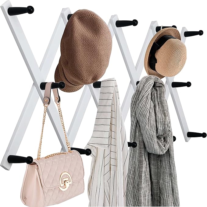 WEBI Accordion Wall Hanger,Expandable Wooden Hat Rack for Wall Mounted Coat Rack,Accordion Hat Hooks Holder for Baseball Caps,14 Peg Hooks,Black on White