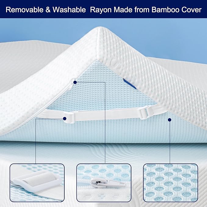 Subrtex 2 Inch Mattress Topper Cover (Only Cover) Mattress Topper Protector Bedding Rayon Made from Bamboo Removable Mattress Encasement with Zippers, Full