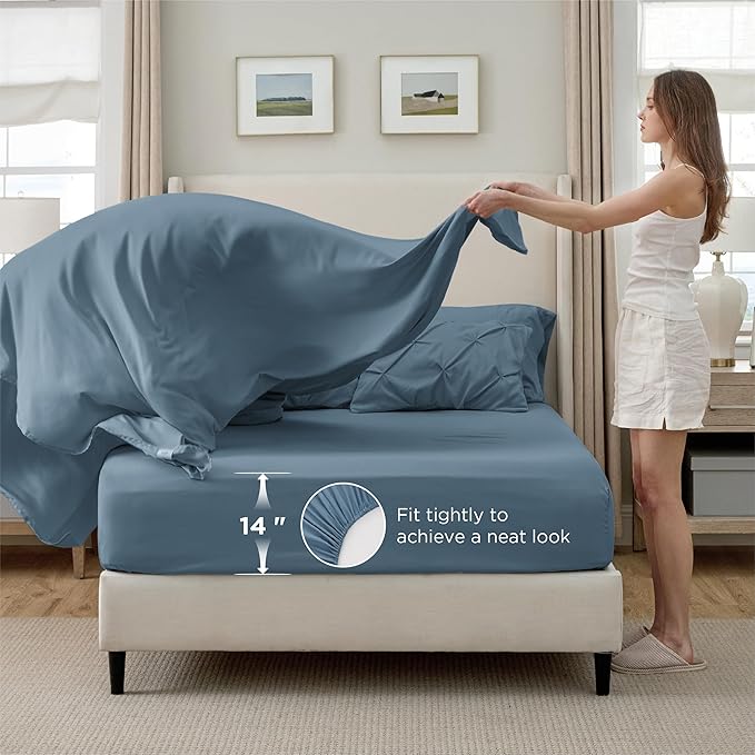 Bedsure Twin Comforter Set Mineral Blue - Bed in a Bag Twin Size Bedding 5 Pieces, GentleSoft™ Pintuck Bed Set Gift for Family, Pinch Pleat Mineral Blue Comforter with Sheets, Pillowcase & Sham
