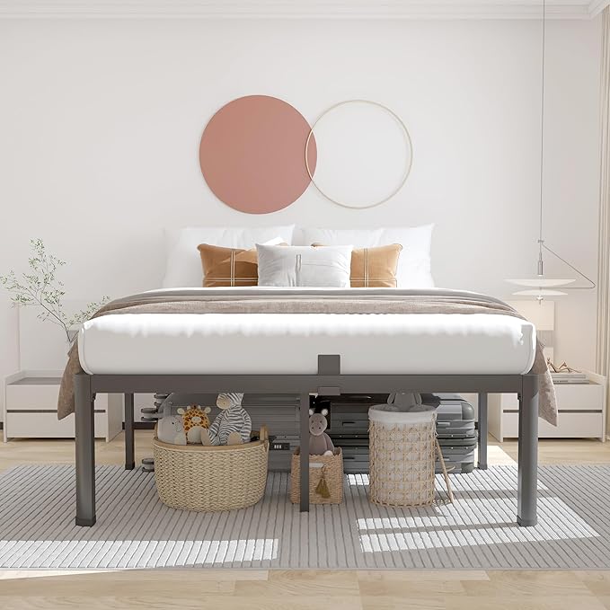 ROIL 12 inch California King Size Bed Frame Metal Platform No Box Spring Needed with Headboard Hole Round Corner Legs Mattress Retainers 3500LBS Heavy Duty Steel Slats Noise-Free Storage