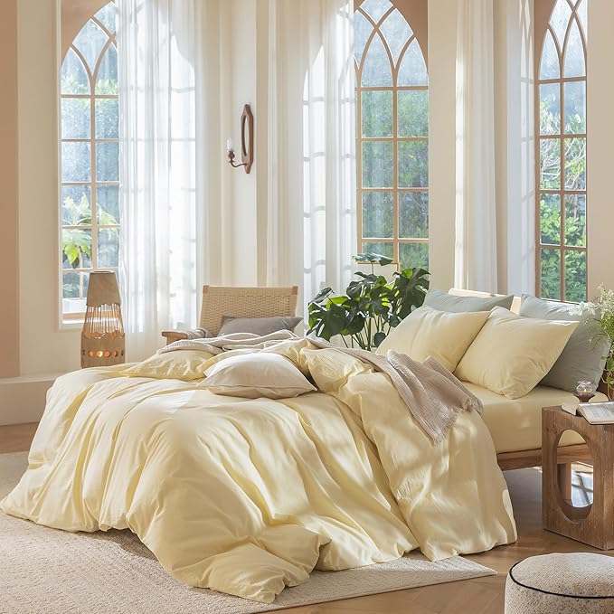 MooMee Bedding Duvet Cover Set 100% Washed Cotton Linen Like Textured Breathable Durable Soft Comfy (Heathered Butter Yellow, Twin 68"x90")