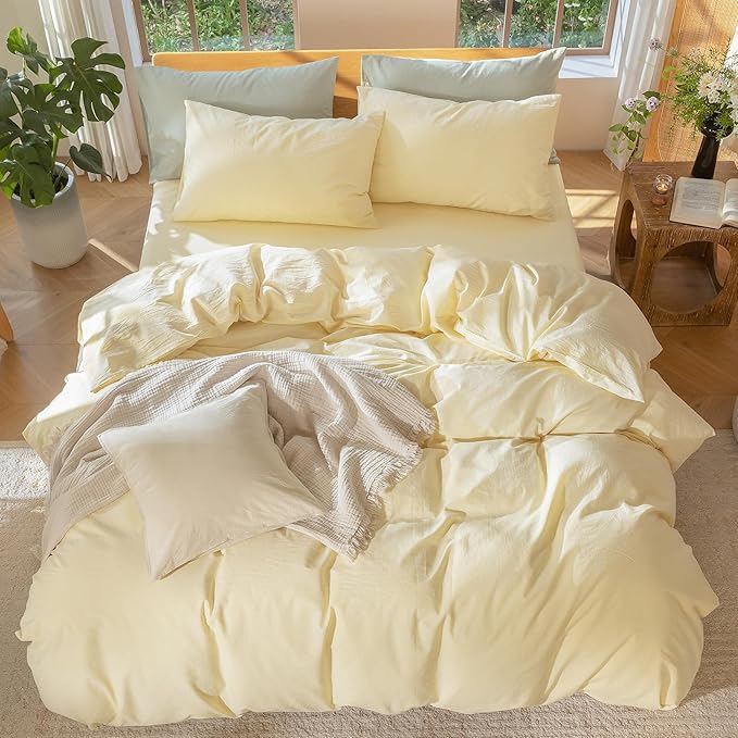 MooMee Bedding Duvet Cover Set 100% Washed Cotton Linen Like Textured Breathable Durable Soft Comfy (Heathered Butter Yellow, Queen 90"x90")