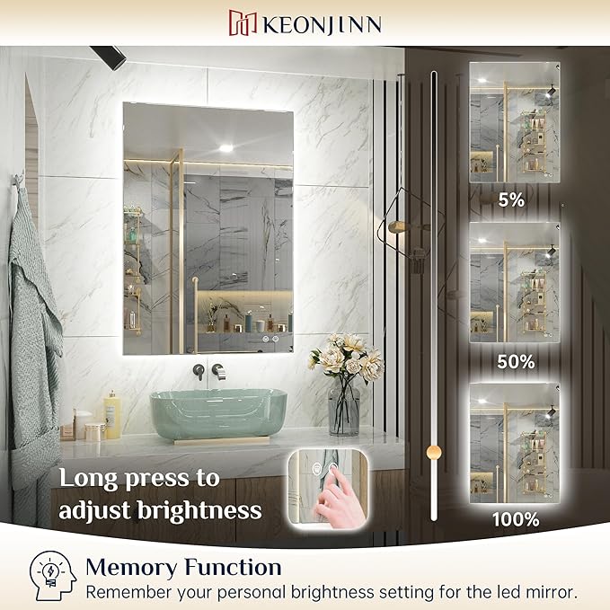 Keonjinn Backlit Mirror Bathroom 20” x 28”, Anti-Fog Mirror with Lights, CRI90+ HD Tempered Glass, Waterproof, UL Listed, Stepless Dimmable LED Mirrors for Bathroom, High Lumen, Waterproof