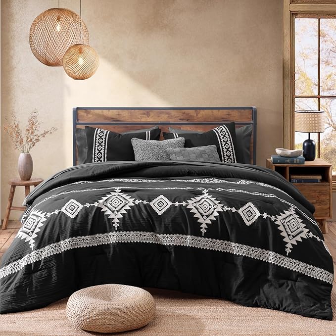 MaiRêve Embroidery Full Size Comforter Set Black, Farmhouse Western Boho Bedding Set 7 Pieces, All Season Bed in A Bag Comforter Set with Sheets, Pillowcases & Shams