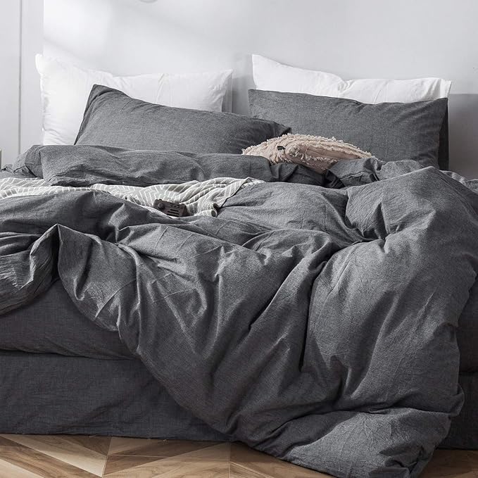 MooMee Bedding Duvet Cover Set 100% Washed Cotton Linen Like Textured Breathable Durable Soft Comfy (Heathered Dark Grey, Twin 68"x90")